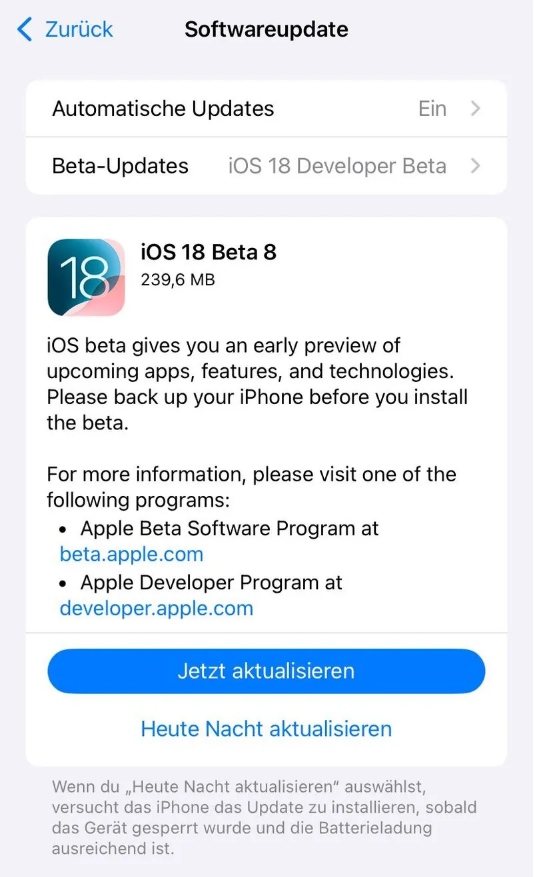 靖边苹果手机维修分享苹果 iOS / iPadOS 18 开发者预览版 Beta 8 发布 